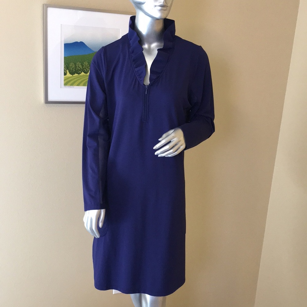 G LIFESTYLE | Solid True Navy Long Sleeve Ruffle Portrait Collar Sleeveless Dres
